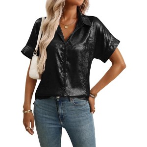 Coolmee Women's Button Down Shirts Short Sleeve V Neck Summer Tunic Tops Casual Work Satin Blouses - 1 of 4