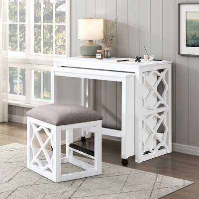 Vynxaria 3-Pc White Rolling Desk Set Computer Desks Home Office Furniture Matching Stools and Mobile Design for Easy Mobility