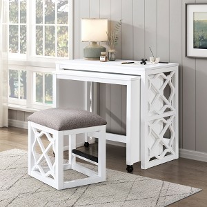 Vynxaria 3-Pc White Rolling Desk Set Computer Desks Home Office Furniture Matching Stools and Mobile Design for Easy Mobility - 1 of 4
