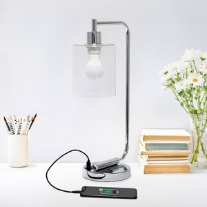 Creekwood Home Vintage Vantage 18.8" Curved Arm Desk Lamp with Glass Shade and USB Ports - 1 of 4