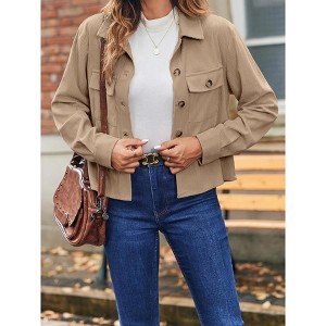 Women Casual Cropped Jackets Notch Collar Corduroy Button Pockets Long Sleeve Jacket - 1 of 3