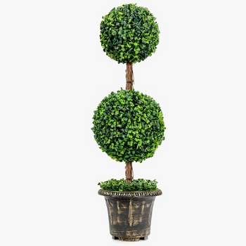 Tangkula Artificial Topiary Tree Fake Green Plants with Pots Double Ball Tree Decorative Trees for Home Office