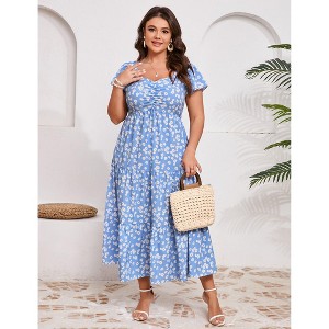 Coolmee Women's Plus Size Casual Dresses Crew Neck Short Sleeve Pleated Hem Dresses Multicolor Printed Summer Flowy A Line Midi Dresses 4XL Blue - 1 of 4