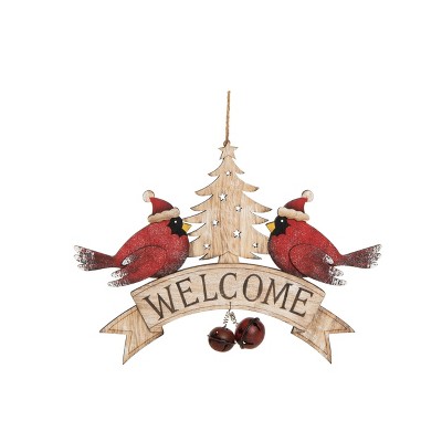 Transpac Wood 13.75 in. Multicolored Christmas Cardinal Welcome Sign