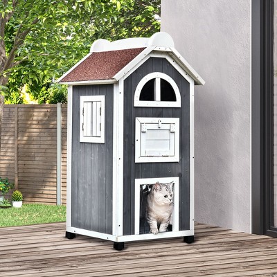 Gray and White 3-Story Wooden Outdoor Cat House with Asphalt Roof