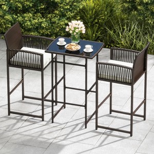 Costway 3 PCS Patio Bar Set Wicker Table & Armchairs with  2 Cushions & Glass Tabletop - 1 of 4