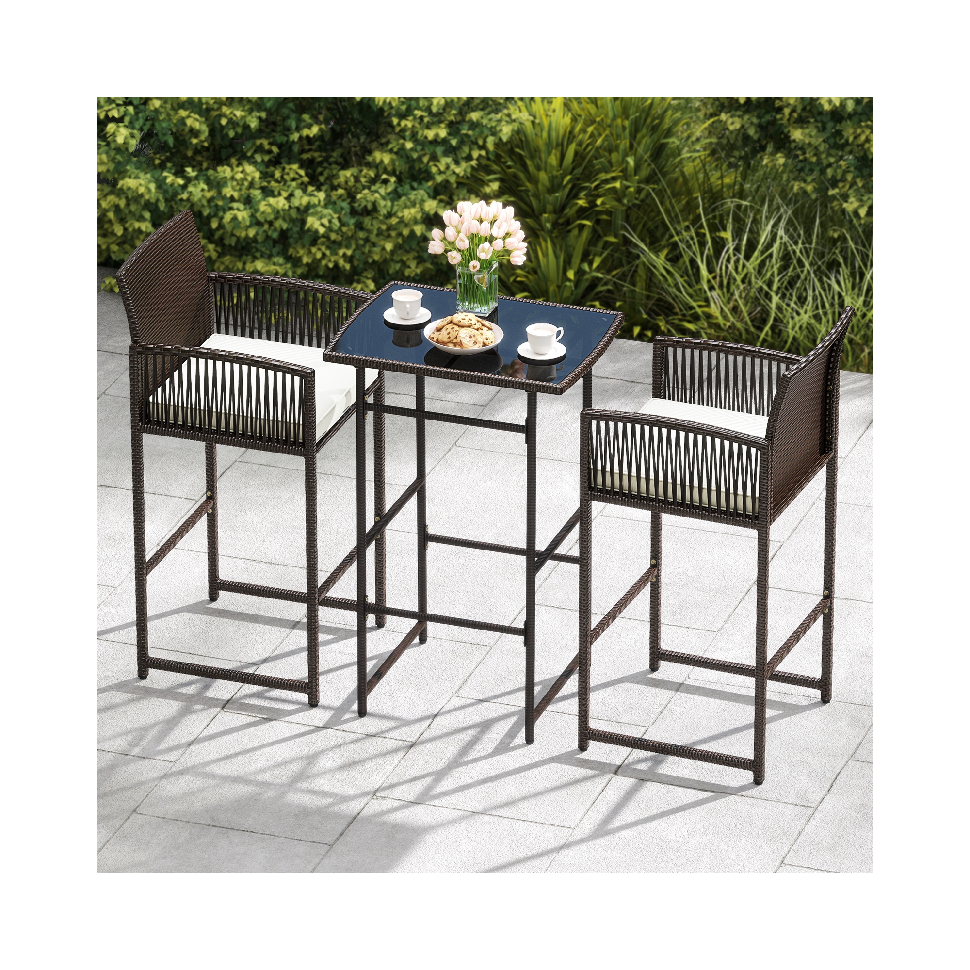 Costway 3 PCS Patio Bar Set Wicker Table & Armchairs with 2 Cushions & Glass Tabletop