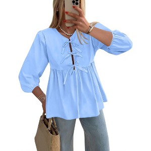 Coolmee Women's Babydoll Tops Fashion Tie Front 3/4 Length Puff Sleeve Bow Cute Peplum Blouses Shirts - 1 of 4