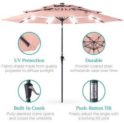 10ft Rose Quartz Steel Market Umbrella with LED Lights and Crank Lift