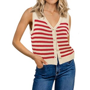 Coolmee Women's Striped Button Down Sweater Vest Casual V Neck Sleeveless Knitted Tank Tops - 1 of 4