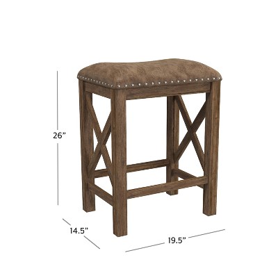 Antique Walnut & Weathered Brown Leather Saddle Barstool, Set of 2