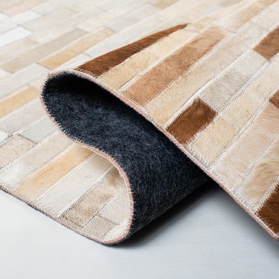 Ivory and Brown Hand-Knotted Geometric Cowhide Area Rug