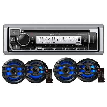 Kenwood KMR-D382BT Marine CD Receiver Compatible w/ Bluetooth with 2 Pairs of KFC-1673MRBL 6.5" 2-way Marine Speaker W/ LED (Black)