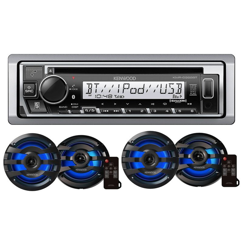 Kenwood KMR-D382BT Marine CD Receiver Compatible w/ Bluetooth with 2 Pairs of KFC-1673MRBL 6.5" 2-way Marine Speaker W/ LED (Black), 1 of 9
