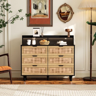 6-Drawers Rattan Storage Cabinet with LED Lights and Power Outlet, Decorative Storage Cabinet for Bedroom and Living Room - The Pop Home