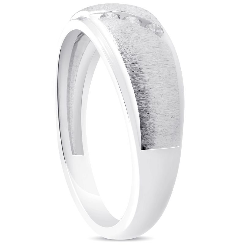 Pompeii3 Mens 1/10ct Three Diamond Brushed Wedding Ring 10k White Gold Anniversary Band, 3 of 5