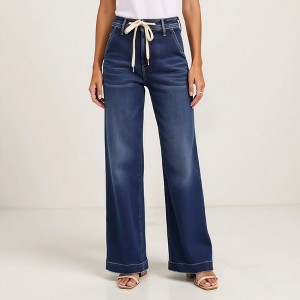 Knit & Lounge Women’s High Waisted Wide Leg Denim Pants Drawstring Tie Waist Relaxed Fit Casual Stretch Jeans - 1 of 4