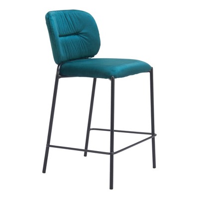 HomeRoots Set of Two 25" Green and Black Velvet and Steel Counter Height Bar Chairs
