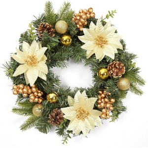 TackView 16" Christmas Wreath for Front Door, Xmas Door Wreath with Balls, Artificial Flowers, for Fireplace Wall Window Holiday Decoration - 1 of 4