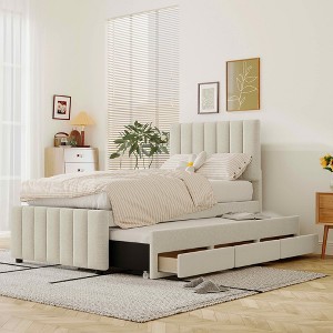 MAYEERTY Twin Size Upholstered Platform Bed, Trundle 3 Drawers Linen Fabric, Bedroom, Gray - 1 of 4