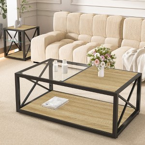 Racxily Modern Coffee Table, Tempered Glass & MDF Top with Industrial Style for Bedroom & Living Room - 1 of 4