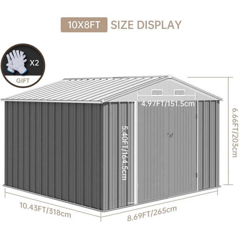 10x8 FT Outdoor Metal Storage Shed, Steel Utility Shed Storage, Metal Shed Outdoor Storage with Lockable Door Design Gray, 5 of 8