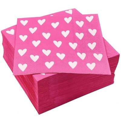 Juvale 100 Pack Hot Pink Heart Disposable Cocktail Paper Napkins for Valentines Party Supplies