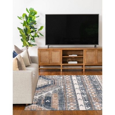 Navy Blue Rectangular Geometric Indoor Area Rug, Easy Care & Stain-resistant