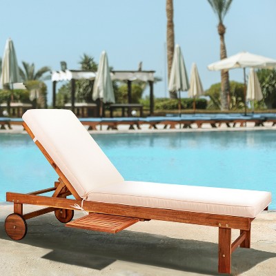 Seabrook 69" Acacia Wood Outdoor Lounger with Cream Cushion and Slide Table