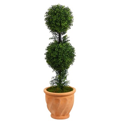 40" Indoor/Outdoor Boxwood Double Ball Topiary Artificial Tree in Planter Terracotta/Green - Nearly Natural