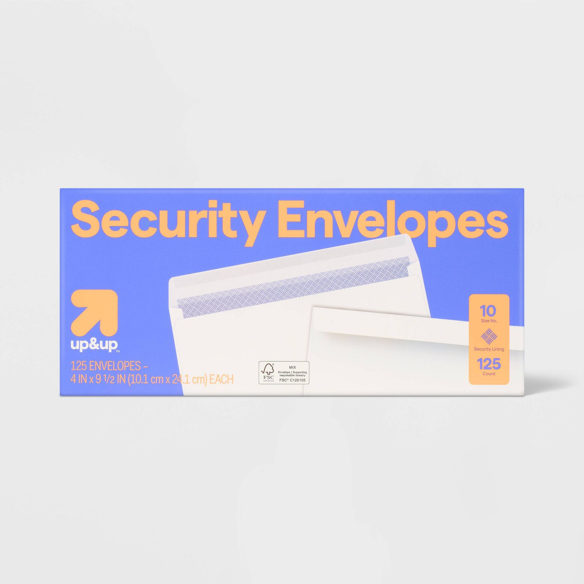 125ct 4" x 9.5" Security Envelopes White - up&up™: Business Mailing, Letter, Legal, Gummed Flap, Paper, 125 Pack