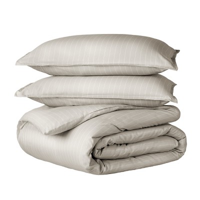 Queen Pinstripe Stone and White Microfiber Duvet Cover Set
