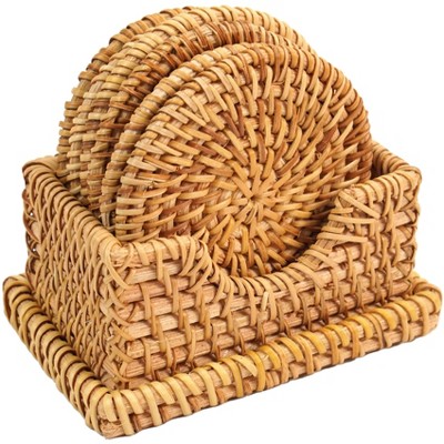 Wickerwise Honey Brown Set of 6 Round Natural Rattan Placemats with Rectangular Holder