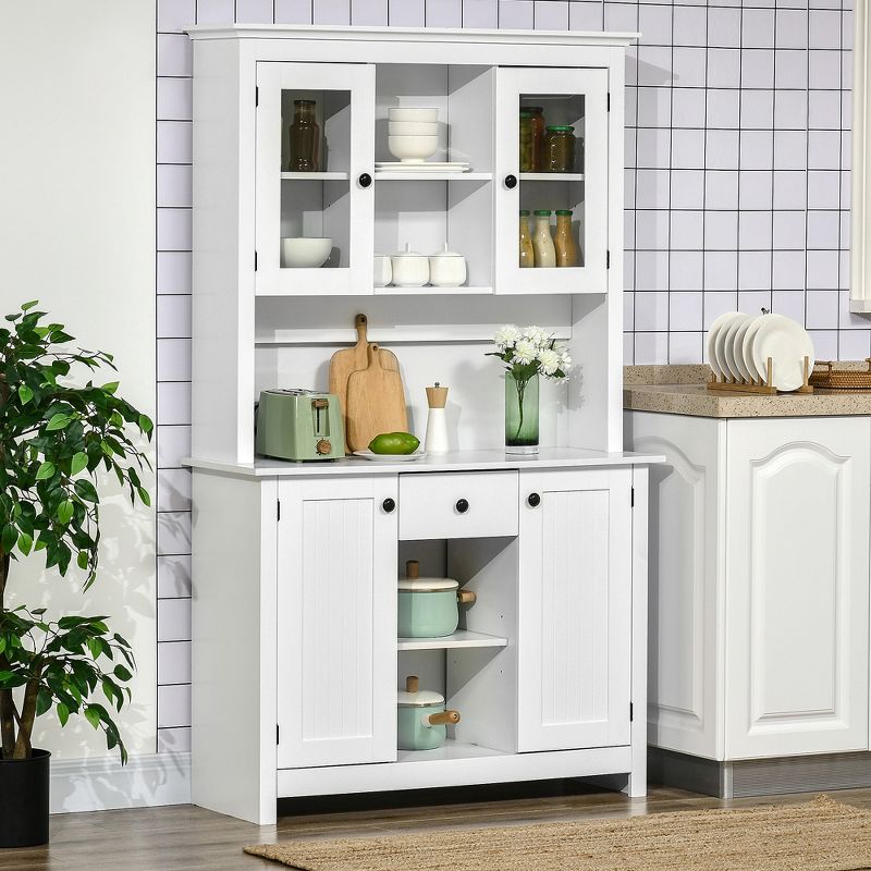 HOMCOM Freestanding Rustic Buffet with Hutch, 4 Doors Farmhouse Kitchen Pantry Cabinet, Microwave Stand with Beadboard Panel, Drawer, White, 2 of 7