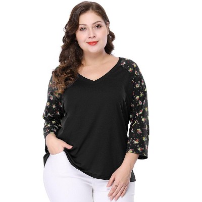 Agnes Orinda Women's Plus Size Top Raglan Floral Print V Neck 3/4 Sleeve Peasant Blouse