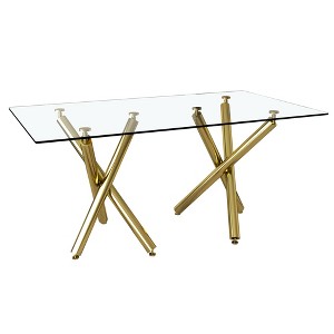 Dexmalle Modern Minimalist Rectangular Glass Dining Table with Golden Metal Legs - 1 of 4