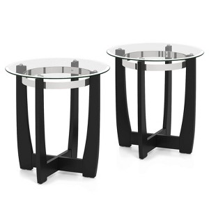 Costway 1/2 PCS 24" Round Side Table Glass End Table with Tempered Glass Top Cross Black/Walnut - 1 of 4