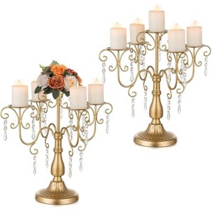 MOEPISY 2PCS Golden Candelabra Candle Holder - 5 Arm Pillar Candle Holders with Crystal Beads - 1 of 4