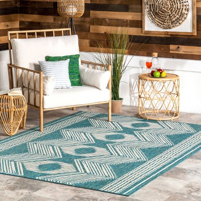 Teal and White Synthetic Tribal Geometric 5' x 8' Outdoor Rug