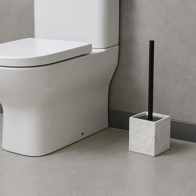 Evideco French Home Goods Modern Square Toilet Brush and Holder Set with Black Metallic Handle, Stone-Effect Design