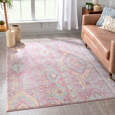 Blush and Red Synthetic Rectangular 5' x 7' Area Rug