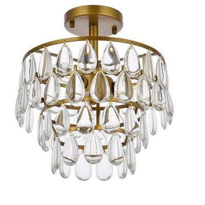 Brass and Crystal 12'' Flush Mount Light with Clear Teardrop Crystals