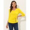 INSPIRE CHIC Women's V Neck 3/4 Sleeves Solid Knitted Buttons Decor Ruched Blouse - 3 of 4