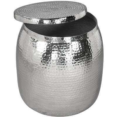 Silver Hammered Metal Drum Accent Table
