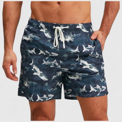 Anna-Kaci Men's Shark Camo Print Swim Trunks with Adjustable Drawstring and Side Pockets