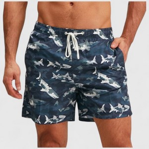 Anna-Kaci Men's Shark Camo Print Swim Trunks with Adjustable Drawstring and Side Pockets - 1 of 4
