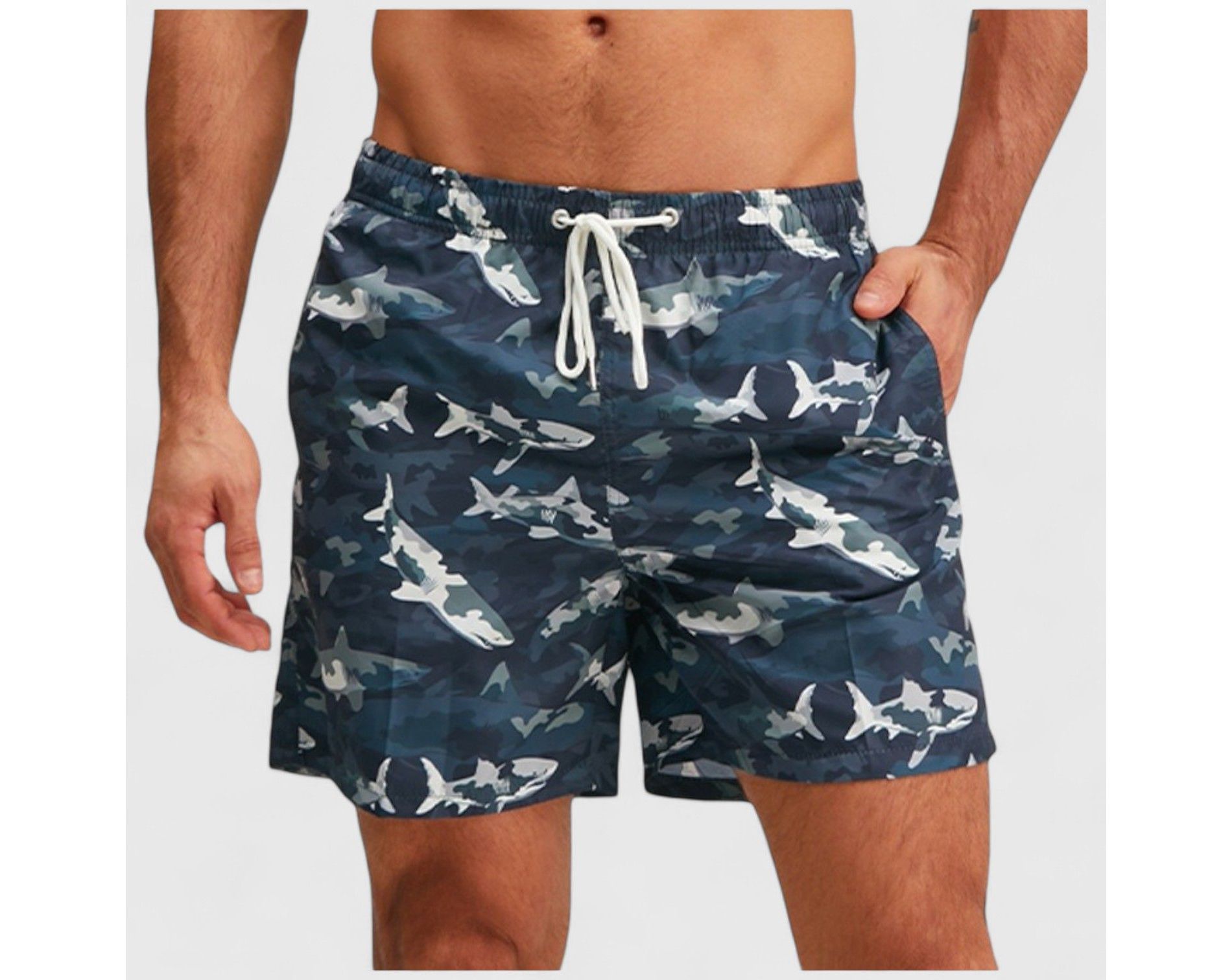 Anna-Kaci Men's Shark Camo Print Swim Trunks with Adjustable Drawstring and Side Pockets - Medium, Navy