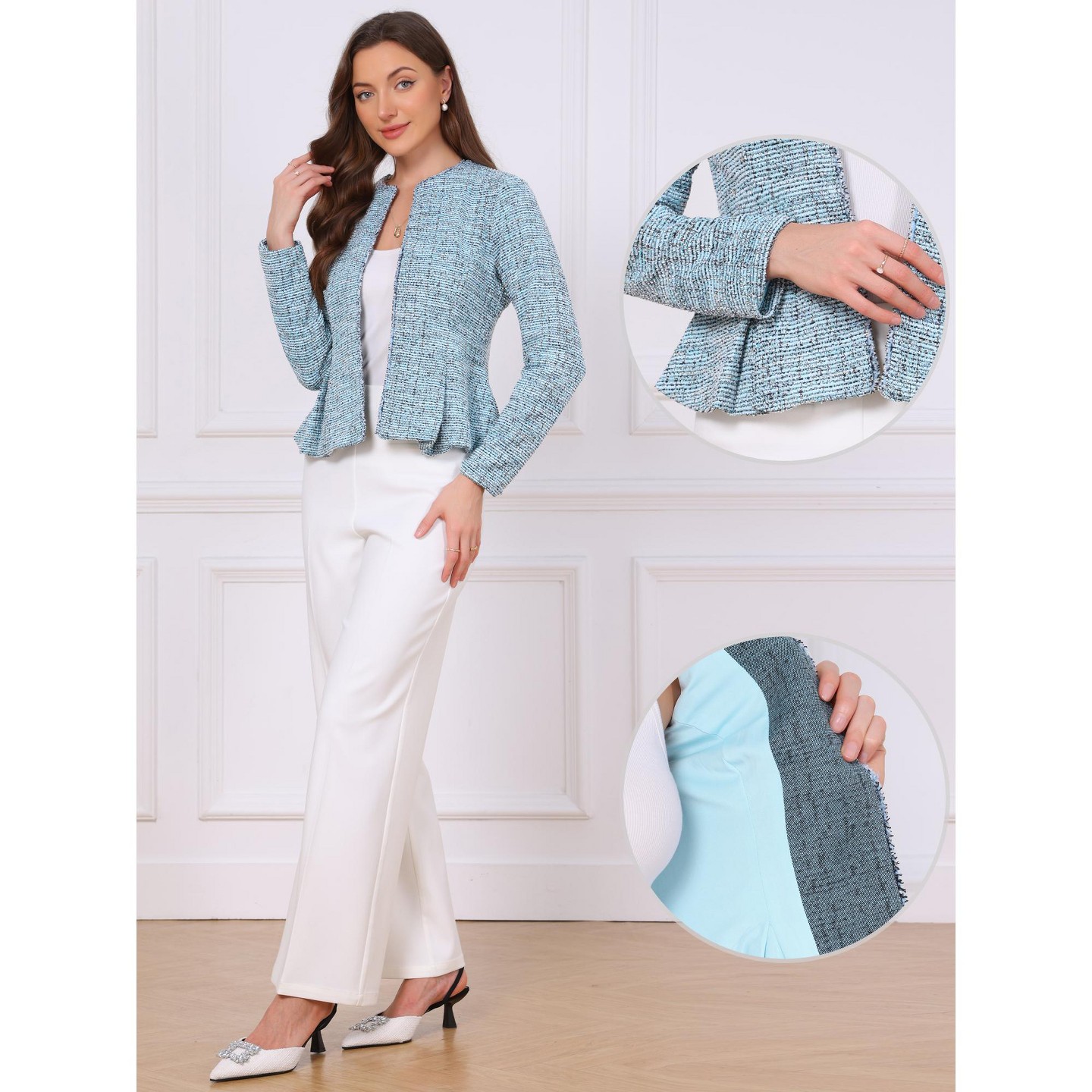 Женская куртка INSPIRE CHIC Tweed Collarless Long Sleeve Open Front Vintage At Hip Business Casual Blazer Jacket Medium Blue, цвет: Синий — фото 2