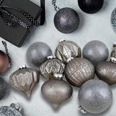 Neutral and Silver Glass Ball Christmas Ornaments Set of 12