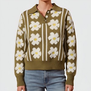 Knit & Lounge Women’s Floral Knit Polo Sweater Button Front Collar Soft Textured Fabric Long Sleeve Patterned Pullover Relaxed Fit - 1 of 4